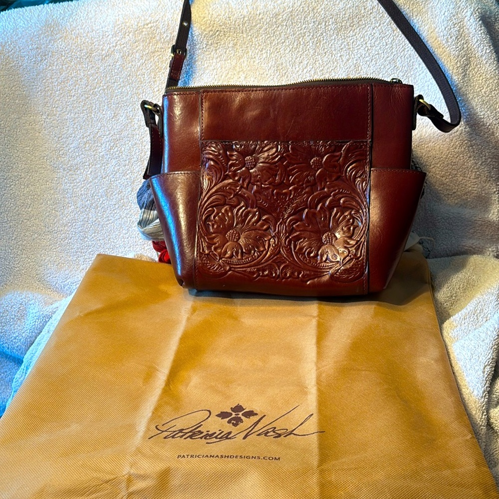 Patricia Nash Rich Brown Floral Crossbody Bag